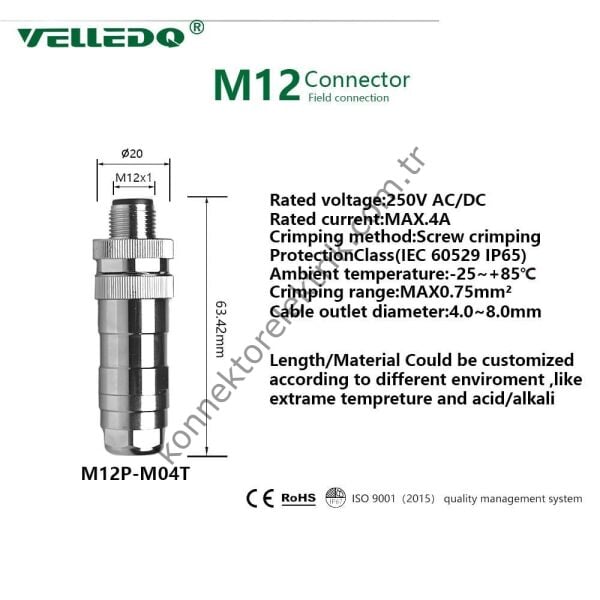VELLEDQ M12 4 Pin Erkek Düz Metal Kasa Konnektör