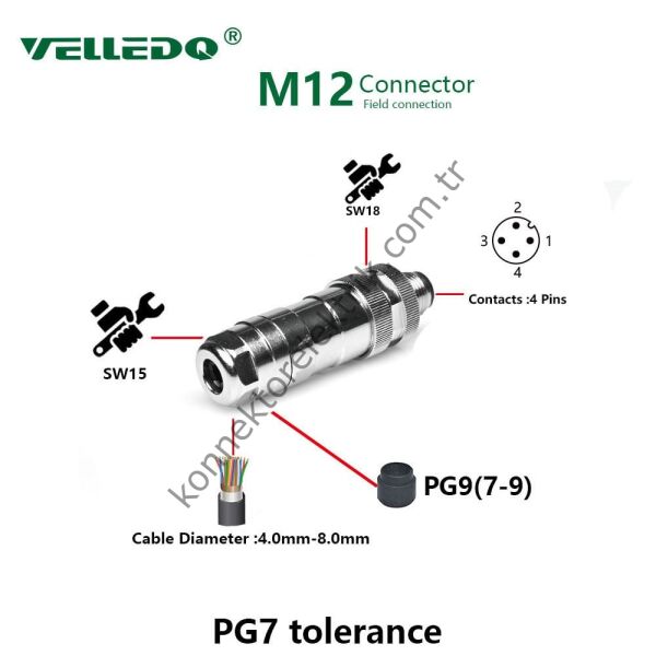 VELLEDQ M12 4 Pin Erkek Düz Metal Kasa Konnektör