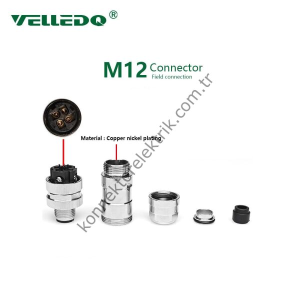 VELLEDQ M12 4 Pin Erkek Düz Metal Kasa Konnektör