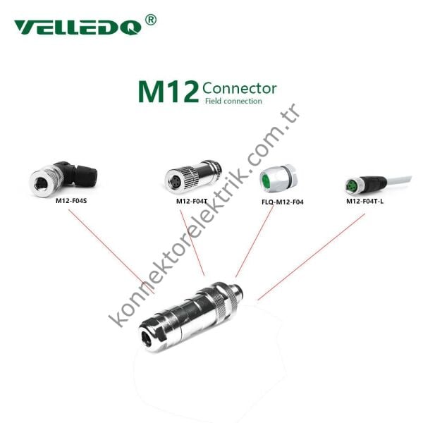 VELLEDQ M12 4 Pin Erkek Düz Metal Kasa Konnektör