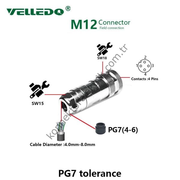 VELLEDQ M12 4 Pin Dişi Metal Kasa Konnektör