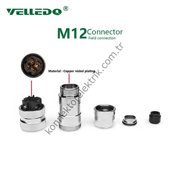 VELLEDQ M12 4 Pin Dişi Metal Kasa Konnektör