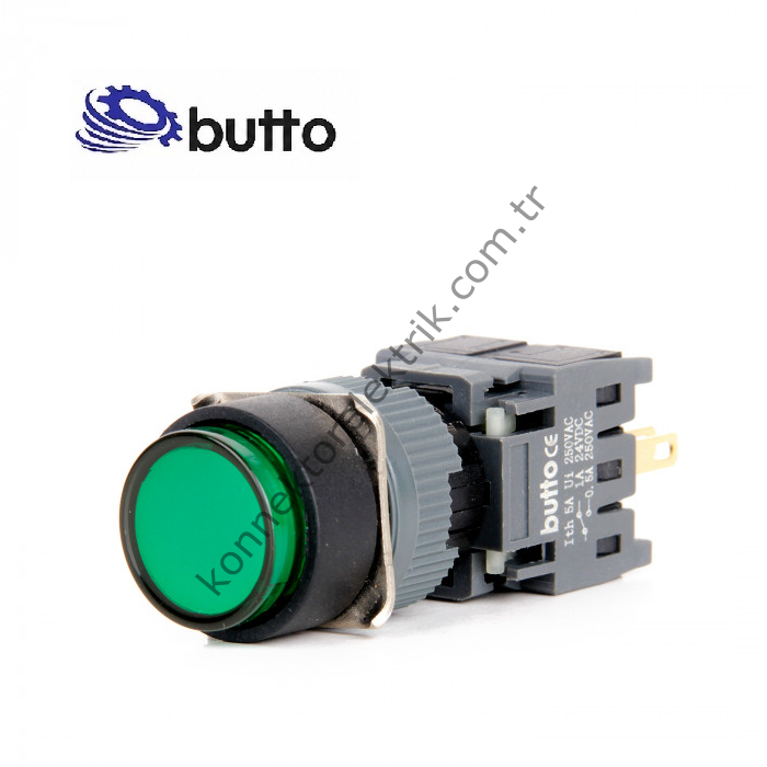 BUTTO F16-371-GD  Yuvarlak Plastik Gövde 16mm Kalıcı Buton Yeşil 12-24V DC