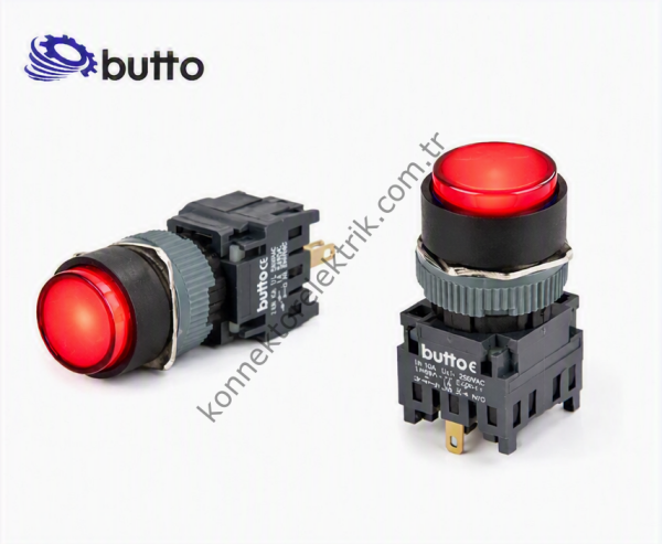BUTTO F16-271-RA2  Yuvarlak Plastik Gövde 16mm Yaylı Buton Kırmızı 220V AC