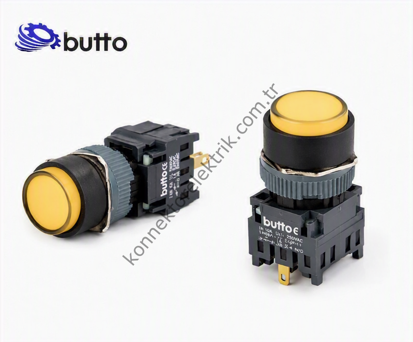BUTTO F16-271-YD  Yuvarlak Plastik Gövde 16mm Yaylı Buton Sarı 12-24V DC