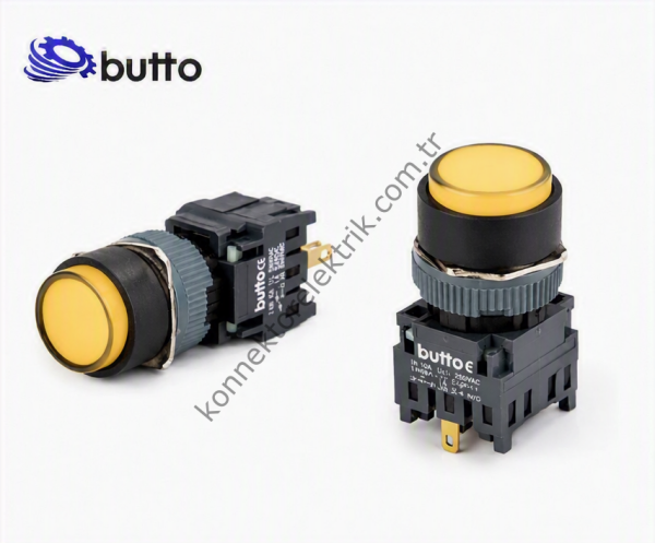 BUTTO F16-271-YA2  Yuvarlak Plastik Gövde 16mm Yaylı Buton Sarı 220V AC