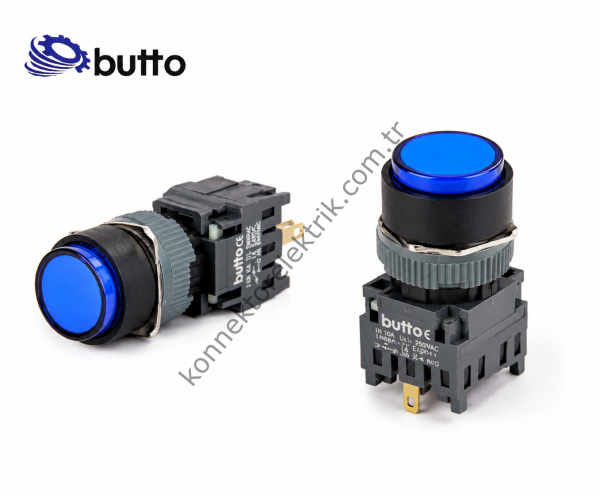 BUTTO F16-271-BD  Yuvarlak Plastik Gövde 16mm Yaylı Buton Mavi 12-24V DC