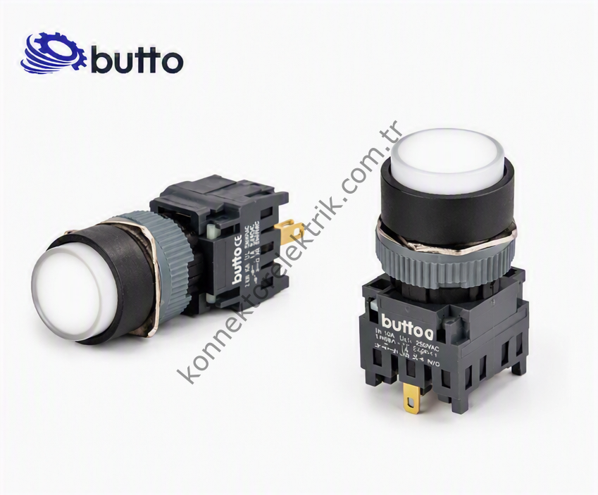 BUTTO F16-271-WA2  Yuvarlak Plastik Gövde 16mm Yaylı Buton Beyaz 220V AC
