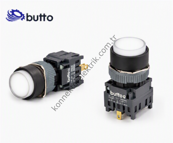 BUTTO F16-271-WA2  Yuvarlak Plastik Gövde 16mm Yaylı Buton Beyaz 220V AC