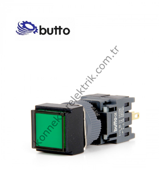BUTTO F16-281-GD  Kare Plastik Gövde 16mm Yaylı Buton Yeşil 12-24V DC