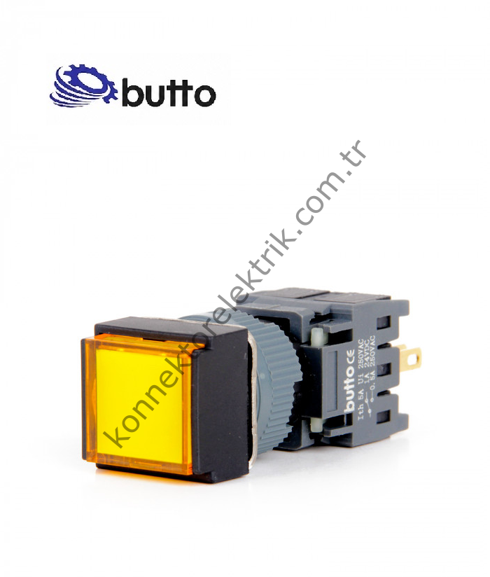 BUTTO F16-281-YA2  Kare Plastik Gövde 16mm Yaylı Buton Sarı 220V AC