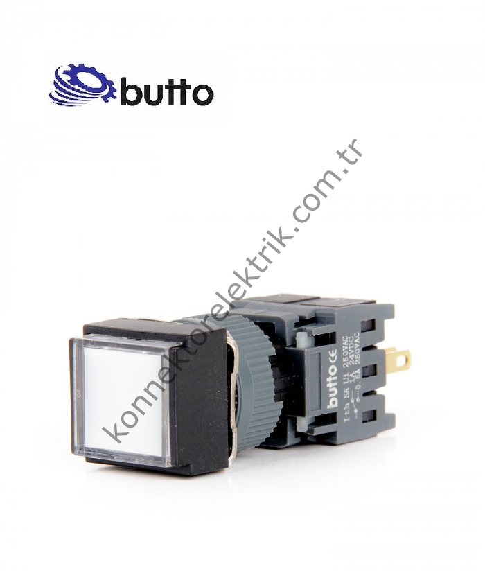 BUTTO F16-281-WA2  Kare Plastik Gövde 16mm Yaylı Buton Beyaz 220V AC