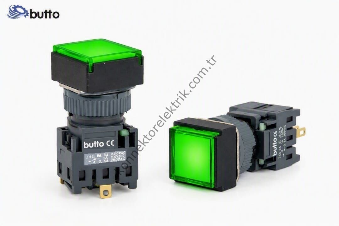 BUTTO F16-381-GA2  Kare Plastik Gövde 16mm Kalıcı Buton Yeşil 220V AC