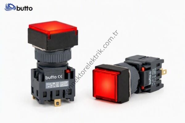 BUTTO F16-381-RA2  Kare Plastik Gövde 16mm Kalıcı Buton Kırmızı 220V AC
