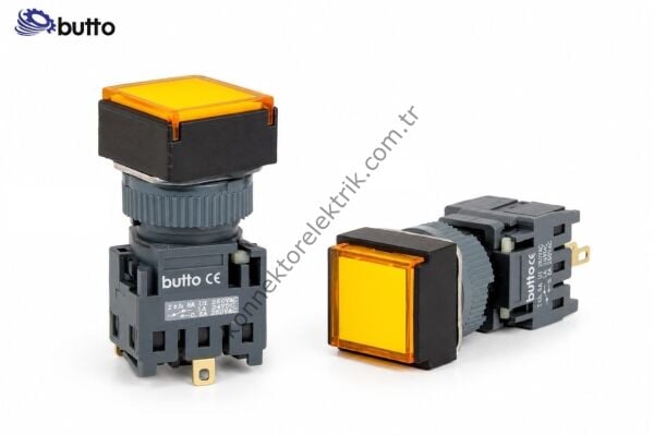 BUTTO F16-381-YA2  Kare Plastik Gövde 16mm Kalıcı Buton Sarı 220V AC