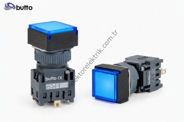 BUTTO F16-381-BA2  Kare Plastik Gövde 16mm Kalıcı Buton Mavi 220V AC