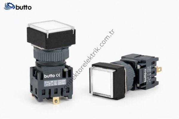 BUTTO F16-381-WA2  Kare Plastik Gövde 16mm Kalıcı Buton Beyaz 220V AC