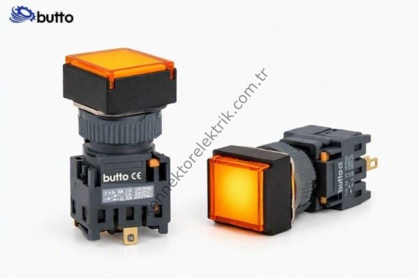 BUTTO F16-381-OA2  Kare Plastik Gövde 16mm Kalıcı Buton Turuncu 220V AC