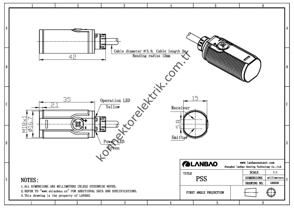 LANBAO PSST Serisi 2 mt. Kablolu Paslanmaz Metal Kısa Gövde Cisimden Yansımalı NPN Çıkışlı DC Fotosel