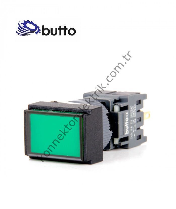 BUTTO F16-391-GD  Dikdörtgen Plastik Gövde 16mm Kalıcı Buton Yeşil 12-24V DC