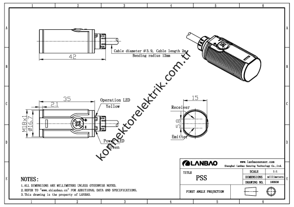 LANBAO PSST Serisi M12 Konnektörlü Paslanmaz Metal Kısa Gövde Cisimden Yansımalı 100 cm. Algılama PNP Çıkışlı DC Fotosel