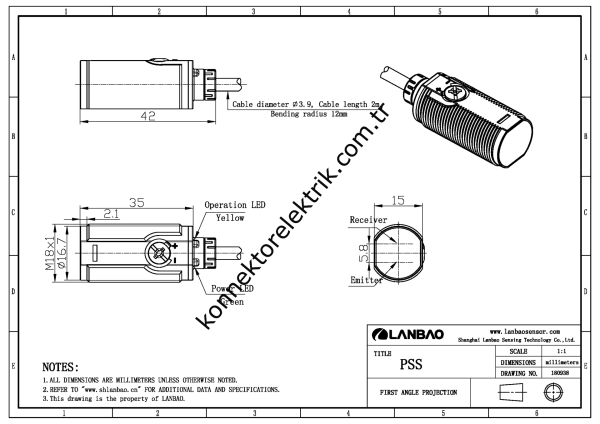 LANBAO PSST Serisi 2 mt. Kablolu Paslanmaz Metal Kısa Gövde Karşılıklı 10 mt. Algılama PNP Çıkışlı DC Fotosel