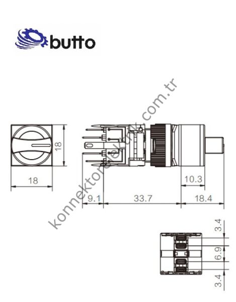 BUTTO F16-421-0 Kare Plastik Gövde 16mm 0-1 Yaylı Mandal Buton 6-220V AC-DC