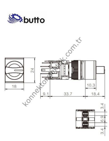 BUTTO F16-431-0 Dikdörtgen Plastik Gövde 16mm 0-1 Yaylı Mandal Buton 6-220V AC-DC