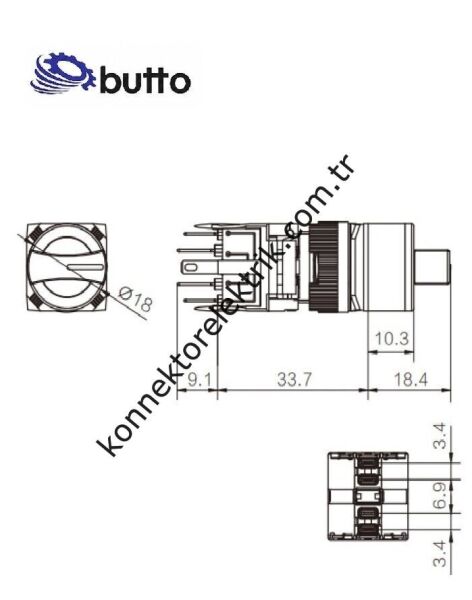 BUTTO F16-512-7 Yuvarlak Plastik Gövde 16mm 1-0-2 Yaylı/Kalıcı Mandal Buton 6-220V AC-DC