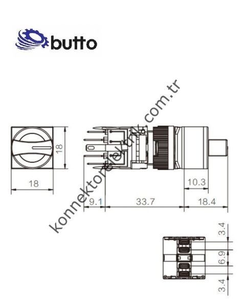 BUTTO F16-522-3 Kare Plastik Gövde 16mm 1-0-2 Kalıcı Mandal Buton 6-220V AC-DC