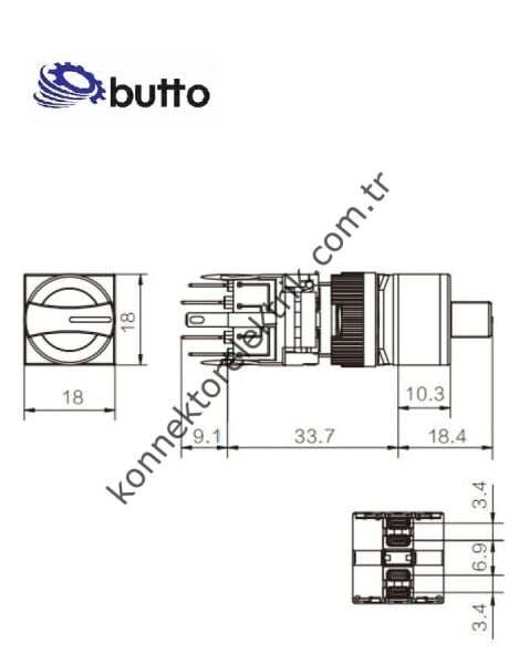 BUTTO F16-522-1 Kare Plastik Gövde 16mm 1-0-2 Yaylı Mandal Buton 6-220V AC-DC