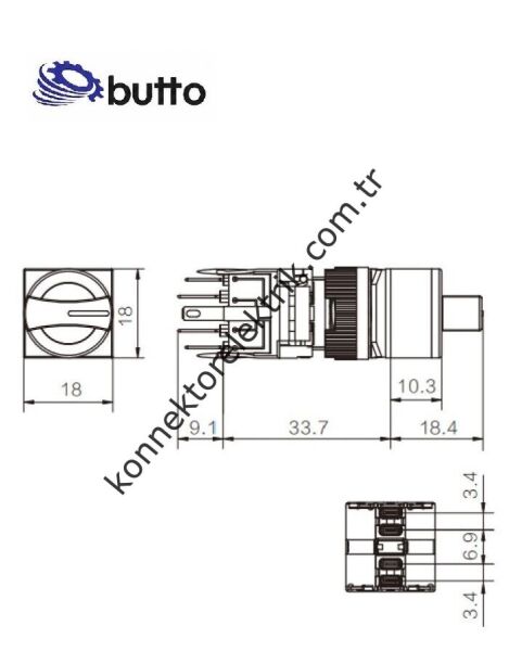 BUTTO F16-522-7 Kare Plastik Gövde 16mm 1-0-2 Kalıcı/Yaylı Mandal Buton 6-220V AC-DC