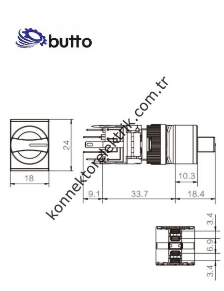 BUTTO F16-532-7 Dikdörtgen Plastik Gövde 16mm 1-0-2 Kalıcı/Yaylı Mandal Buton 6-220V AC-DC
