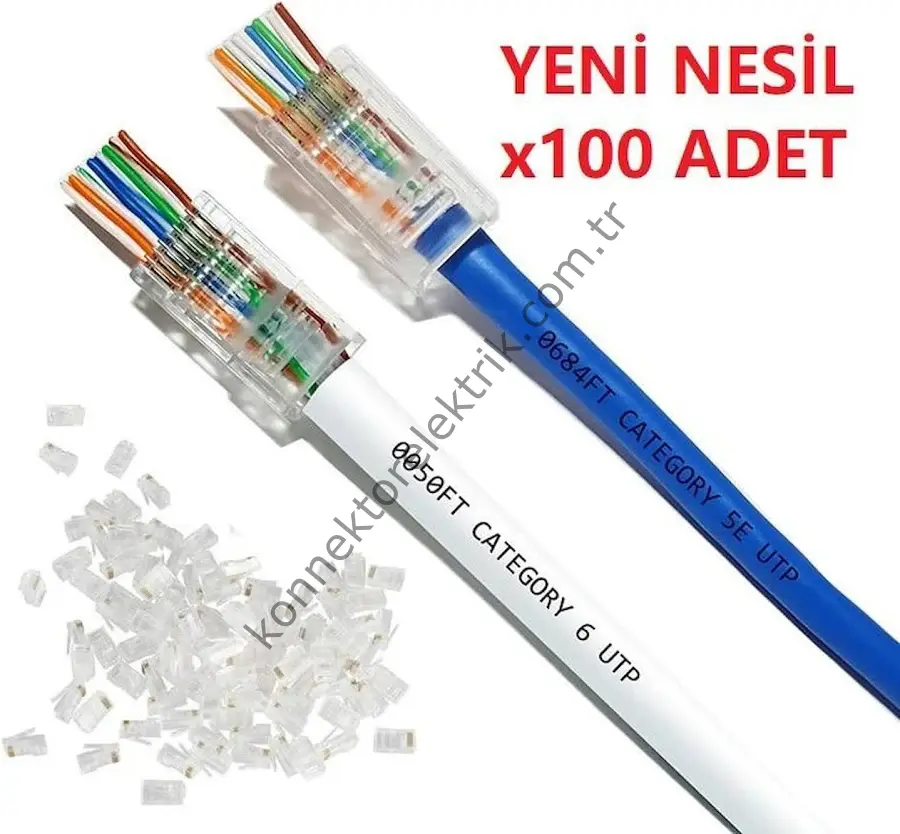 EXPOTECH EX-EZPLUG EZ Tipi Delikli - Kesmeli RJ45 Plug 8P8C Network Konnektörü (100 Adet)