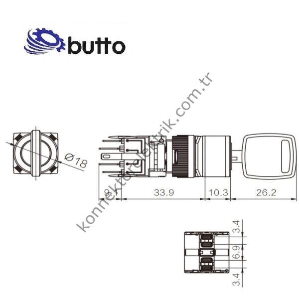 BUTTO F16-611-2 Yuvarlak Plastik Gövde 16mm 0-1 Anahtarlı Kalıcı Buton 6-220V AC/DC