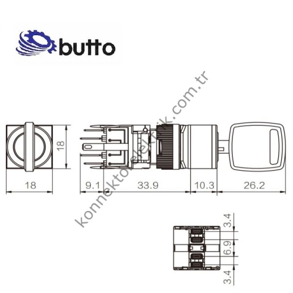 BUTTO F16-621-0 Kare Plastik Gövde 16mm 0-1 Anahtarlı Yaylı Buton 6-220V AC/DC
