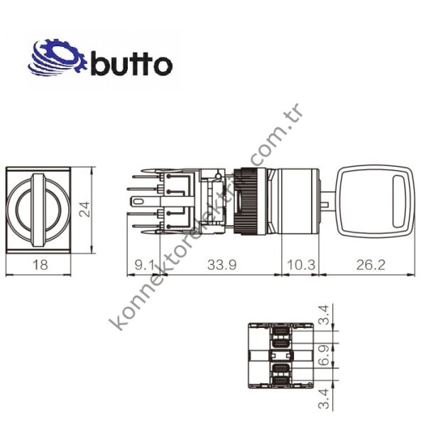 BUTTO F16-631-0 Dikdörtgen Plastik Gövde 16mm 0-1 Anahtarlı Yaylı Buton 6-220V AC/DC