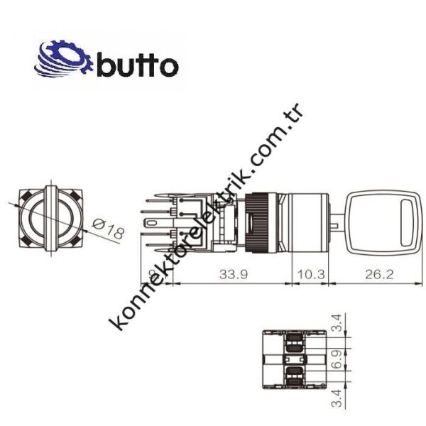 BUTTO F16-712-7 Yuvarlak Plastik Gövde 16mm 1-0-2 Anahtarlı Kalıcı/Yaylı Buton 6-220V AC/DC