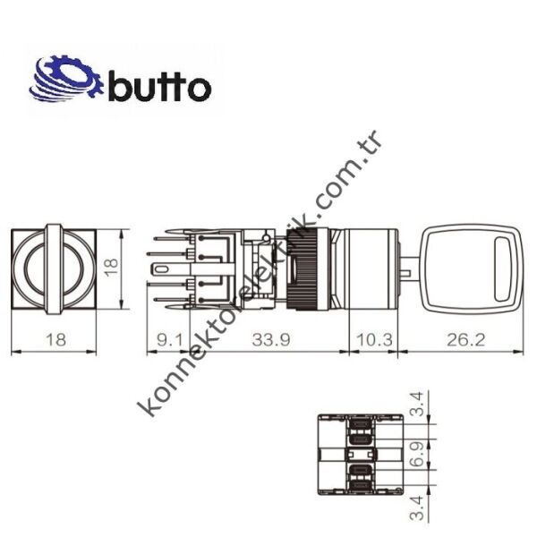 BUTTO F16-722-3 Kare Plastik Gövde 16mm 1-0-2 Anahtarlı Kalıcı Buton 6-220V AC/DC
