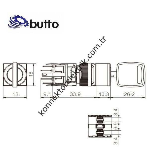 BUTTO F16-722-1 Kare Plastik Gövde 16mm 1-0-2 Anahtarlı Yaylı Buton 6-220V AC/DC