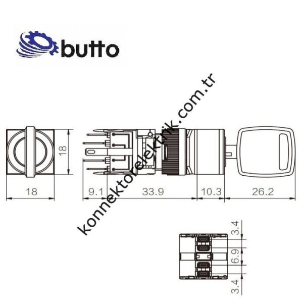 BUTTO F16-722-7 Kare Plastik Gövde 16mm 1-0-2 Anahtarlı Kalıcı/Yaylı Buton 6-220V AC/DC