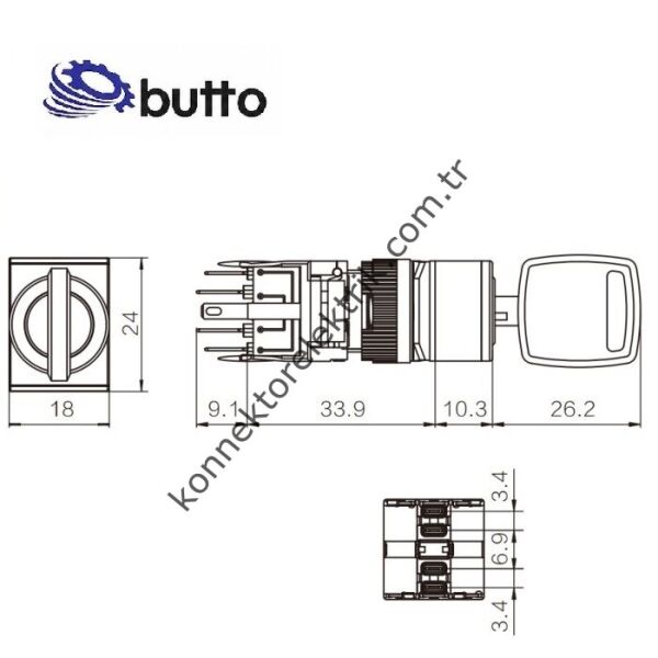 BUTTO F16-732-3 Dikdörtgen Plastik Gövde 16mm 1-0-2 Anahtarlı Kalıcı Buton 6-220V AC/DC