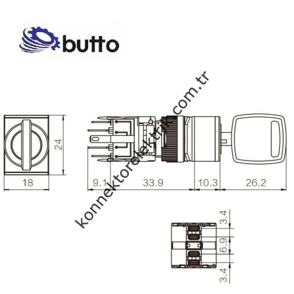 BUTTO F16-732-1 Dikdörtgen Plastik Gövde 16mm 1-0-2 Anahtarlı Yaylı Buton 6-220V AC/DC