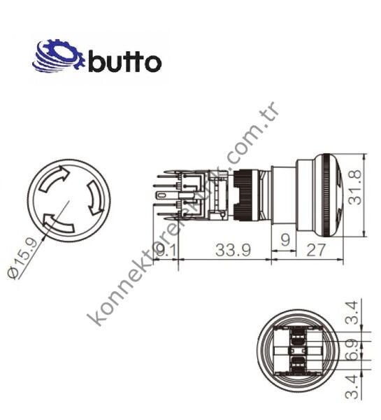 BUTTO F16-811-R Yuvarlak Plastik Gövde 16mm Acil Stop Mantar Butonu (Kalıcı)  6-220V AC-DC