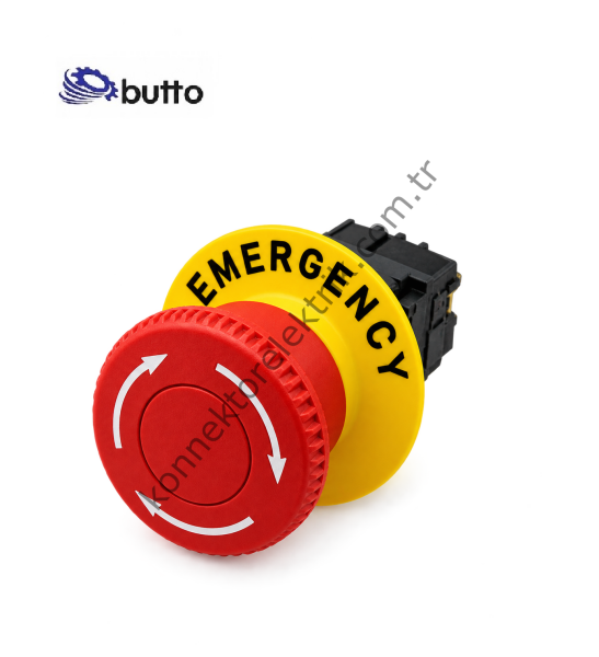 BUTTO F16-A11-R Yuvarlak Plastik Gövde 16mm Acil Stop Etiketli Mantar Butonu (Kalıcı)  6-220V AC-DC