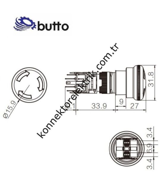 BUTTO F16-871-RD Yuvarlak Plastik Gövde Acil Stop Butonu 6-24VDC Led Işıklı  6-220V AC-DC