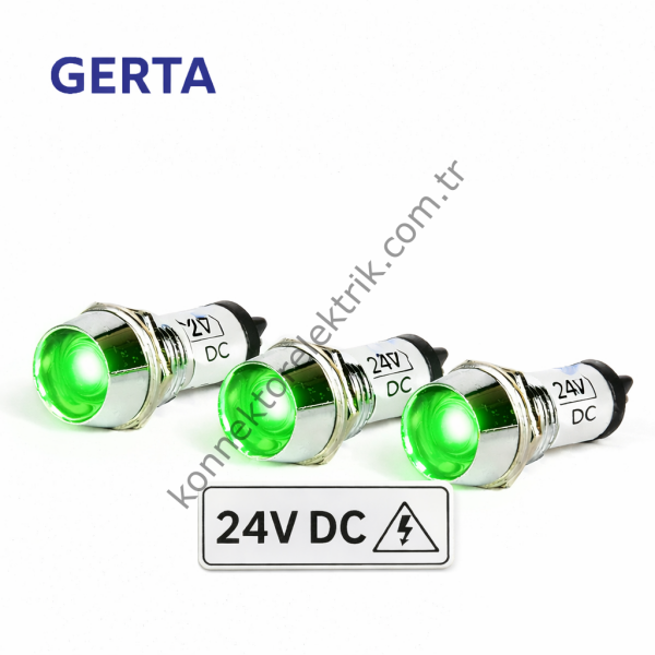GERTA AD22C-10T-024-G Yeşil 10mm Metal Gövde LED Sinyal 24V DC