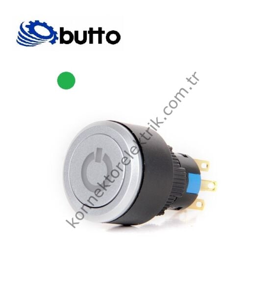 BUTTO K16-G-272-P-GD Yuvarlak Plastik Gövde 16-22mm Yeşil Power Logo Yaylı Buton 12-24V DC