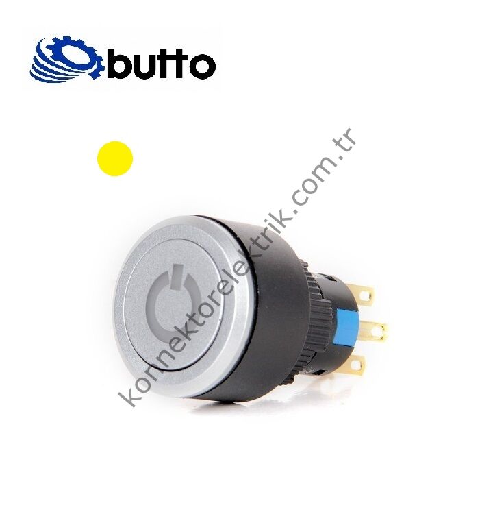BUTTO K16-G-272-P-YA2 Yuvarlak Plastik Gövde 16-22mm Sarı Power Logo Yaylı Buton 220V AC