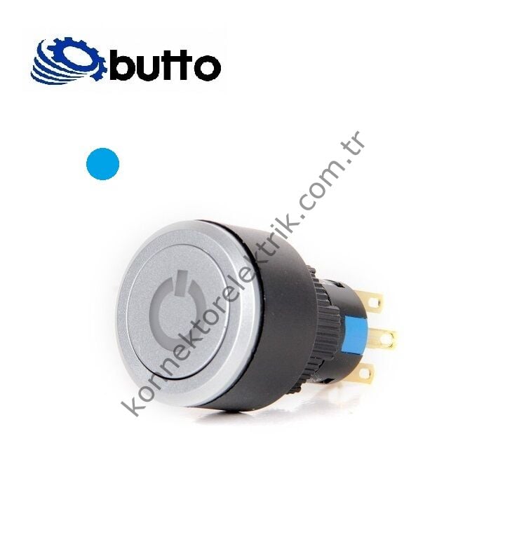 BUTTO K16-G-272-P-BA2 Yuvarlak Plastik Gövde 16-22mm Mavi Power Logo Yaylı Buton 220V AC